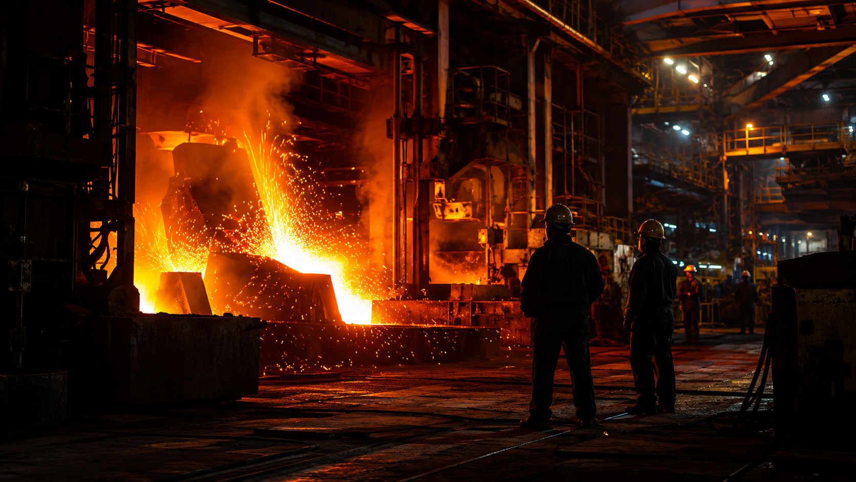 Steel mill interior with molten steel pouring