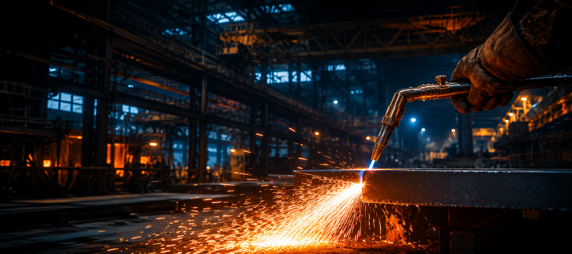 Flame cutting operation on thick steel plate